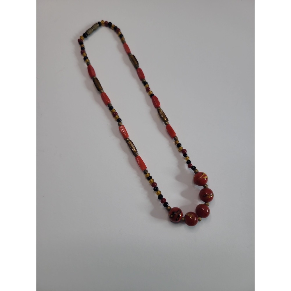 Red Yellow Black Beaded Necklace Floral Round Beads Vintage Style - Picture 8 of 11